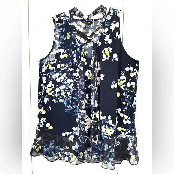 Ellen Tracy Blue Trellis Blossom Ink Tie Neck Top Sleeveless sz Large - Picture 14 of 15